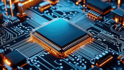 Obraz premium Close-up of a modern microprocessor on a printed circuit board showcasing intricate electronic connections and vibrant lighting.