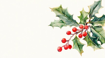 Holly Branch Elegance, a delicate watercolor illustration showcasing a holly branch on a soft, minimal backdrop, inviting personalized text in the clear space below.