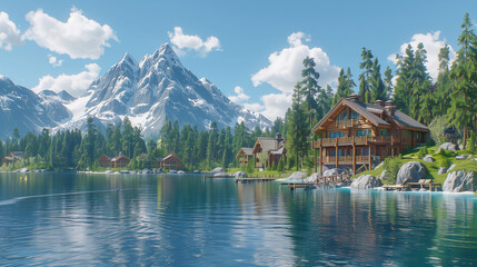 Naklejka premium Scenic Lakeside Cabins with Snowy Mountain Backdrop