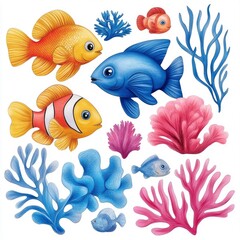 Fototapeta premium Cartoon Fish, Coral and Seaweed Illustration