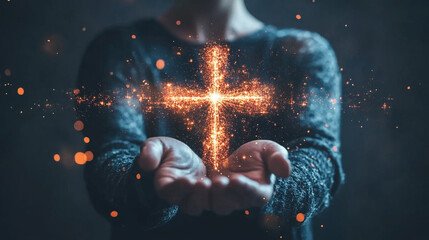 woman's hand reaches out toward a blurred, glowing Christian cross radiating light. The cross symbolizes faith, hope, and divine guidance in a mystical, ethereal setting that evokes spiritual reflecti