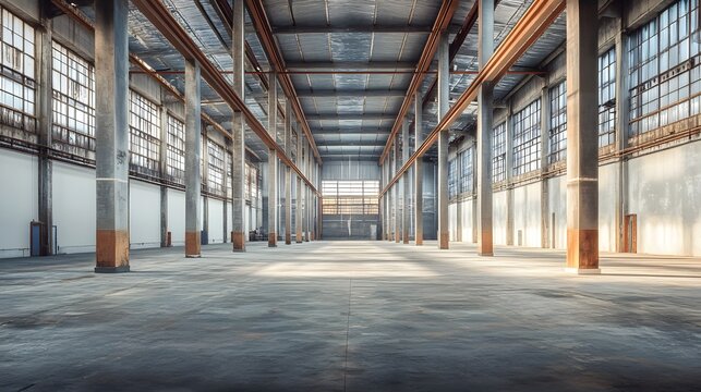 A spacious, empty industrial interior with tall metal pillars and blank white walls, ready for customization or industrial use