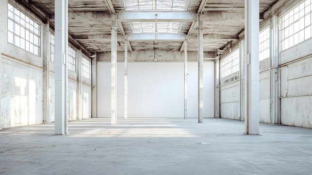 A spacious, empty industrial interior with tall metal pillars and blank white walls, ready for customization or industrial use