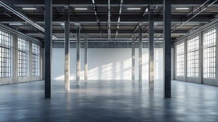 A spacious, empty industrial interior with tall metal pillars and blank white walls, ready for customization or industrial use