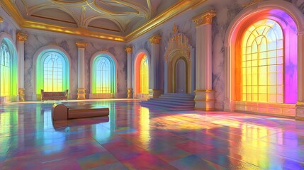 Dreamlike Royal Palace Interior with Rainbow-Colored Walls and Floating Furniture