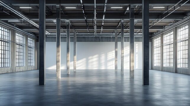 A spacious, empty industrial interior with tall metal pillars and blank white walls, ready for customization or industrial use