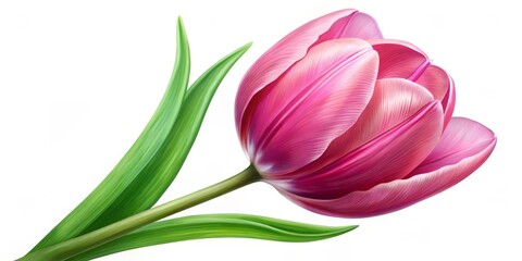 Fototapeta premium Pink Tulip with Green Leaves, Digital Painting, Single Flower, Spring Bloom, Tulip Flower, Nature, Floral Design