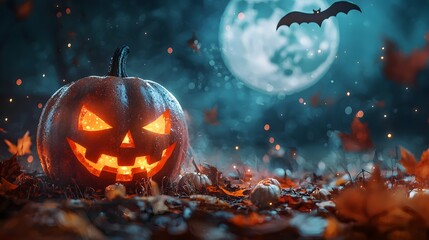 Fototapeta premium Spooky Halloween pumpkin glowing under a full moon with a bat flying overhead.