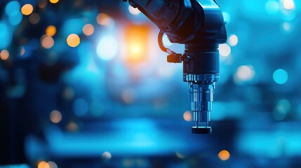 Close-up of a robotic arm in a blue-lit industrial setting, focused on precision and automation in manufacturing technology.