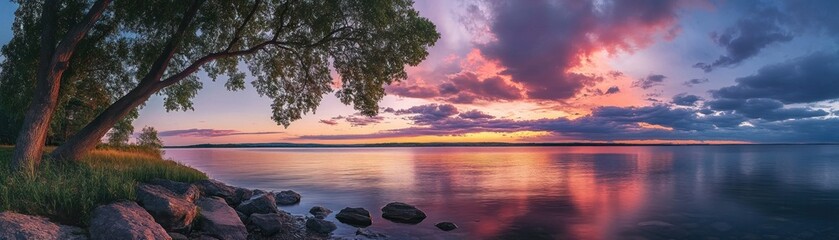 Obraz premium Tranquil Sunset Over a Serene Lake with Rocky Shoreline and a Majestic Tree