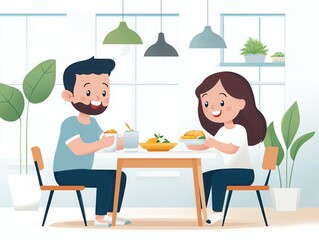 Fototapeta premium Happy couple enjoying a meal together at a cozy dining table in a bright, modern kitchen with plants and stylish decor.