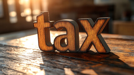 3D-rendered word "tax" in modern font, depicted with a stack of coins beside it. The image symbolizes financial responsibilities, economic planning, and fiscal policy
