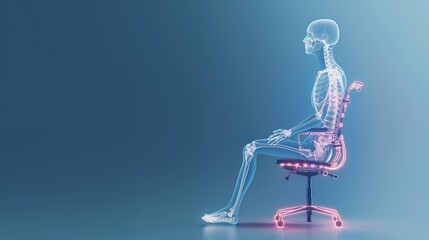 A digital skeleton model seated on a modern office chair, illustrating ergonomic design.