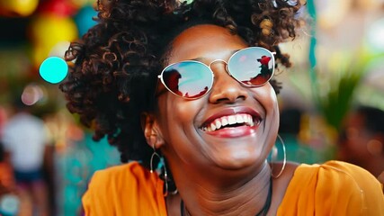 Joyful woman with curly hair wearing sunglasses and bright outfit at a lively outdoor party. Concepts of happiness, summer, and festive gatherings.