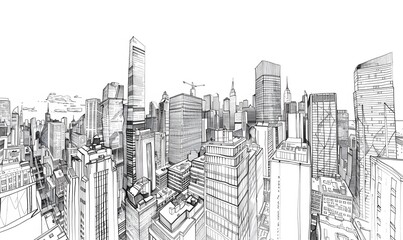 panoramic modern city skyline mix sketch effect. 