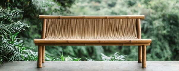 A stylish wooden bench surrounded by lush greenery, perfect for relaxation and outdoor decor in a tranquil setting.