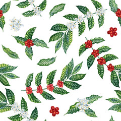 Branches with red coffee berries watercolor seamless pattern. Arabica plant with flowering twigs and leaves endless hand drawn botanical background. Exotic plant wallpaper.