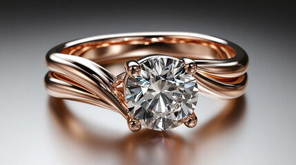  a rose gold ring with a large diamond in the center and smaller diamonds on either side.