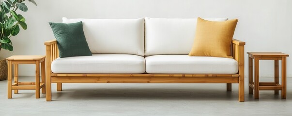 Stylish bamboo sofa with cushions, perfect for modern living spaces. Ideal for relaxation and enhancing home decor.