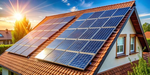Sunlight Gleaming on Solar Panels Installed on a Red Tile Roof, Solar Energy, Renewable Energy, Sustainable Living