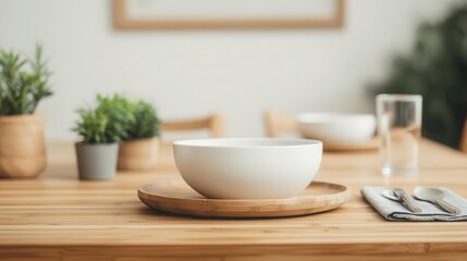 A minimalist dining setup featuring a white bowl on a wooden plate, surrounded by plants and a glass of water.