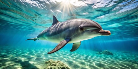 Fototapeta premium Sunlit Dolphin Gliding Through Clear Blue Water, Underwater, Dolphin, Marine Life, Ocean