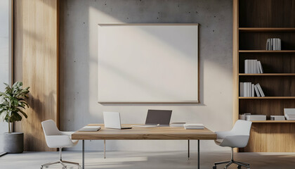 Minimalist office interior with a large blank canvas mockup.