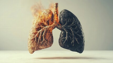 Naklejka premium Conceptual illustration of human lungs with one side burning in flames and the other charred black to represent respiratory damage.