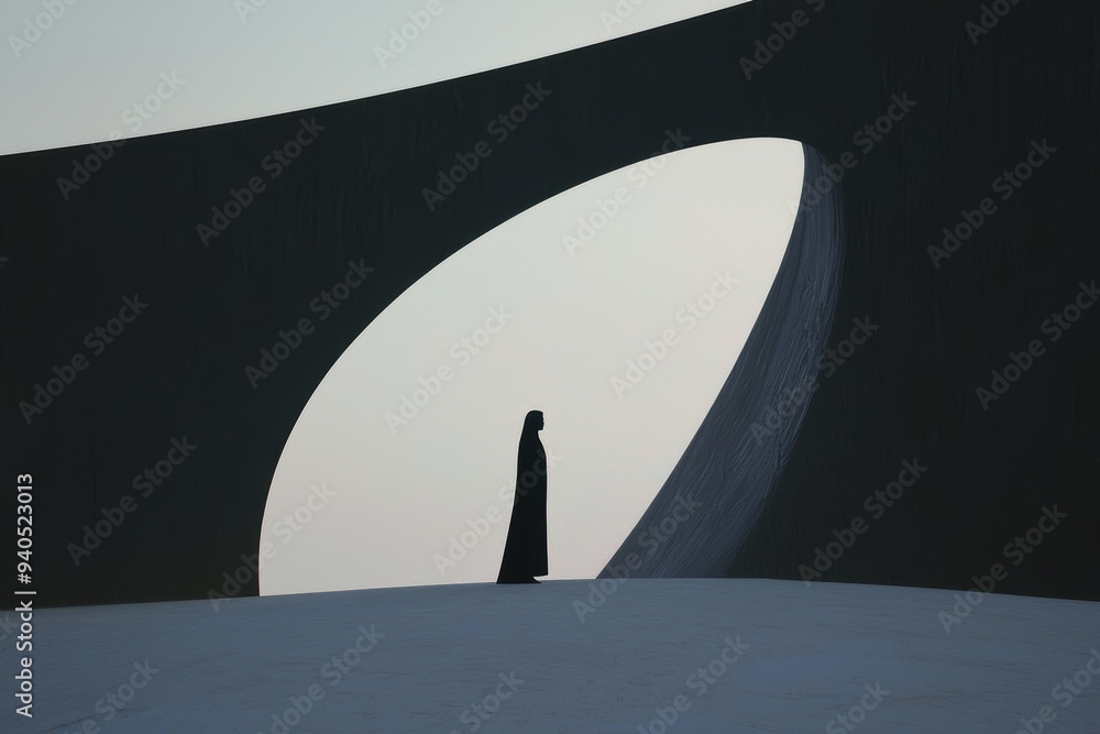 Poster Silhouette of a Figure in an Abstract Architectural Structure at Dusk