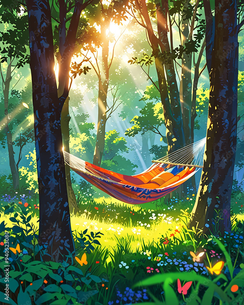 Poster a hammock in the woods with the sun shining through the trees generated by ai