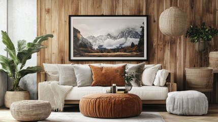 Cozy Living Room with Mountain View Framed Artwork