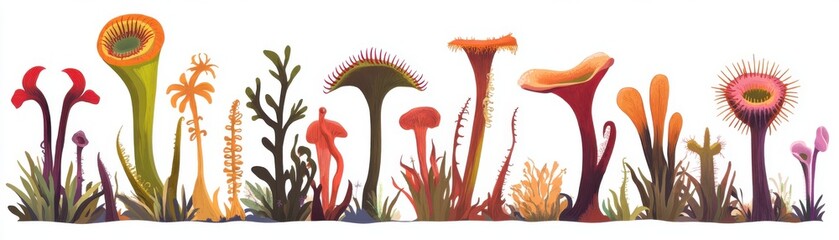 Carnivorous plants flat design, side view, exotic and unusual flora theme, animation, Triadic Color Scheme