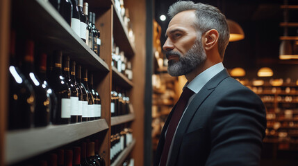 Mann mit Bart und Anzug vor Regal mit Wein in Weinhandlung
