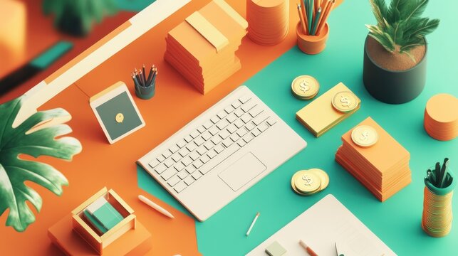 Asset management flat design, top view, wealth preservation theme, 3D render, Triadic Color Scheme