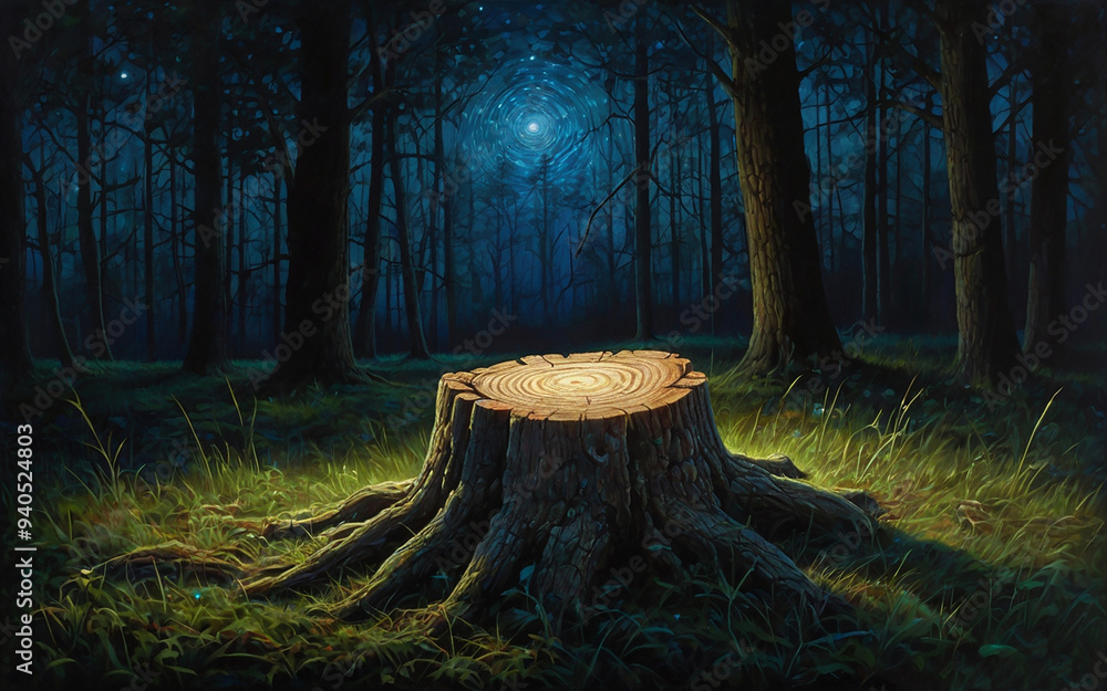 Poster a tree stump with a green background with a blue circle in the middle generated by ai