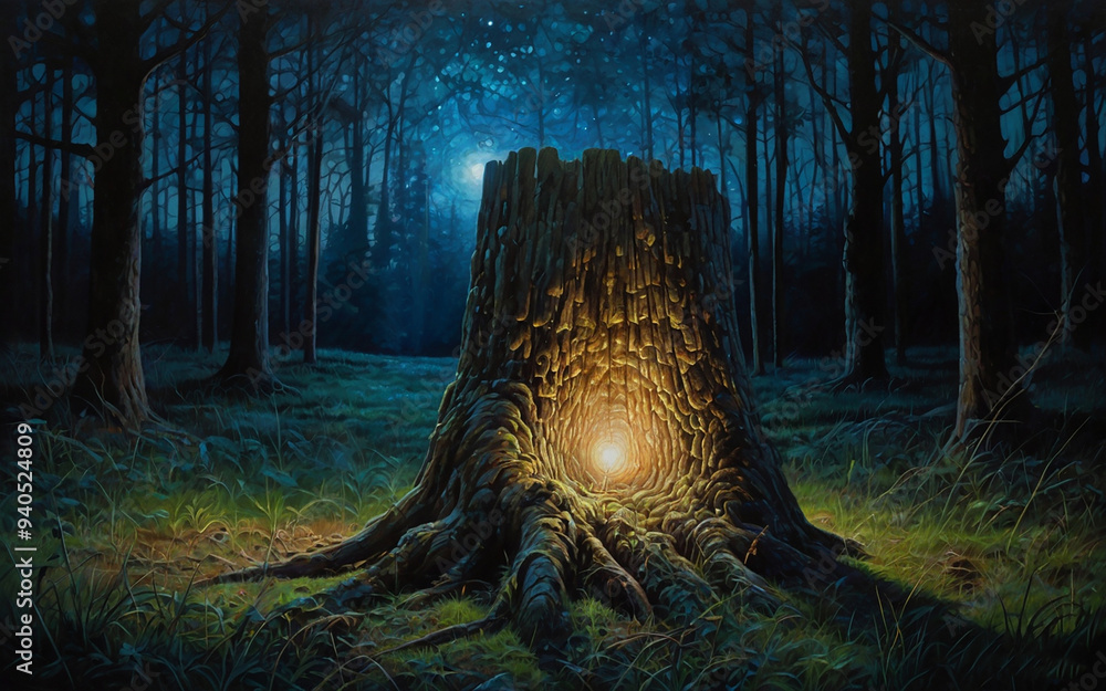 Poster a tree stump with a green background with a blue circle in the middle generated by ai