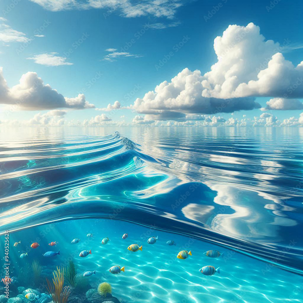 Poster a picture of a fish and the ocean with the sky in the background generated by ai