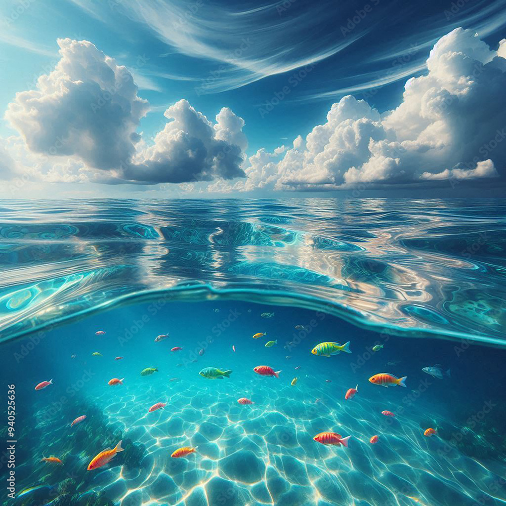 Poster a picture of a fish and the ocean with the sky in the background generated by ai