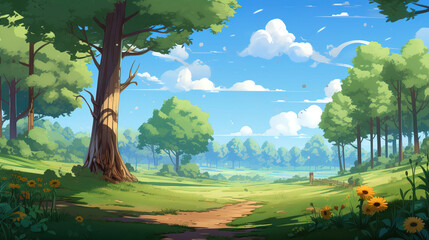 Fototapeta premium Serene Summer Landscape: Green Meadow, Forest Path, and Sunlit Sky