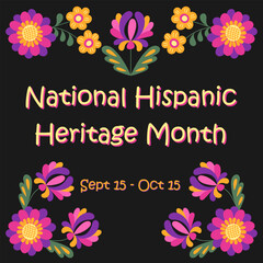 National Hispanic heritage month square banner with fantasy flowers for social media. Vector flyer with floral mirror composition with bloom ornament showcasing rich Hispanic culture.