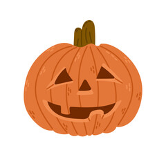 Hand drawn scary Halloween pumpkin in flat style. Spooky design for autumn holiday isolated on white background. Cute jack o lantern