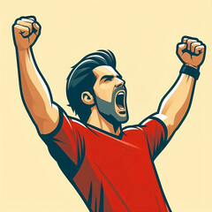 Illustration of a Man Celebrating Victory with Raised Arms in Minimalistic Cartoon Style