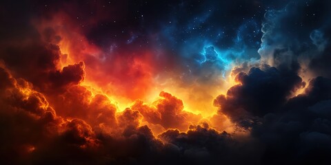Fototapeta premium Dramatic sky with vibrant fire and ice-colored clouds, creating a stunning celestial scene. Perfect for mystical and natural themes.