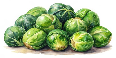 Fototapeta premium Watercolor Painting of a Pile of Fresh Brussels Sprouts, watercolor, vegetables, food, brussels sprouts