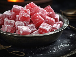 Colorful Close Up Sweet Candy Cube in a Decorated Bowl