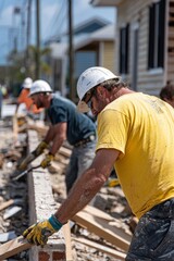 Fototapeta premium A group of volunteers rebuilding homes in a neighborhood devastated by a natural disaster, with construction