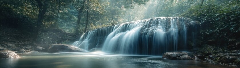 Fototapeta premium Serene Waterfall Cascading Through Lush Greenery