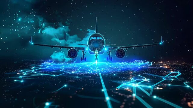 Futuristic airplane with glowing blue lights amidst a digital landscape at night. Suitable for concepts of technology, innovation, and advanced aviation.