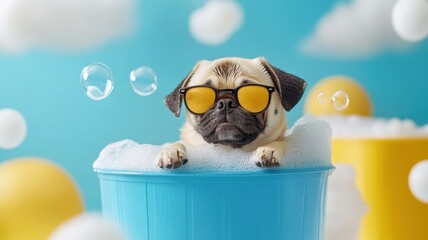 A Pug in a whimsical bath with playful bubbles and luxurious accessories, set in a cheerful and colorful setting.