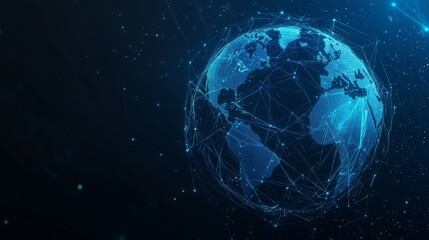 Earth and Magnifying low poly blue. With dark blue background. Low poly wireframe with lines, dots and glowing particles